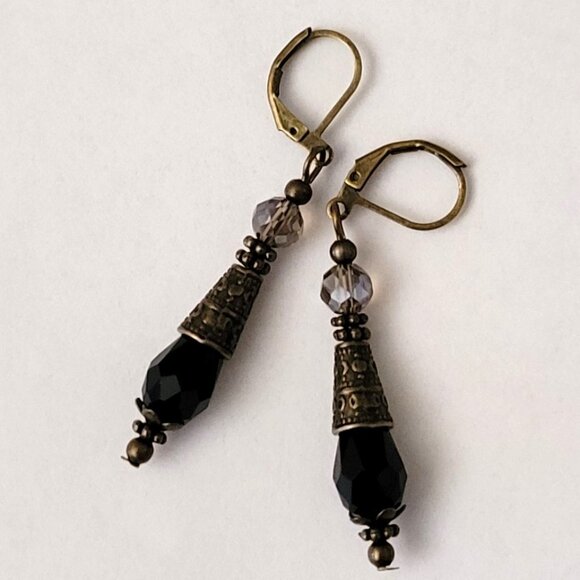 Black Smokey Crystal Teardrop Earrings, Etched Bronze Cone Lever Back Ear wires - Picture 3 of 8